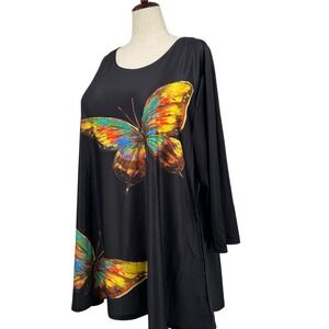Black Butterfly Print Tunic Dress Long Sleeve 4XL Art Top Shirt Boho Oversized